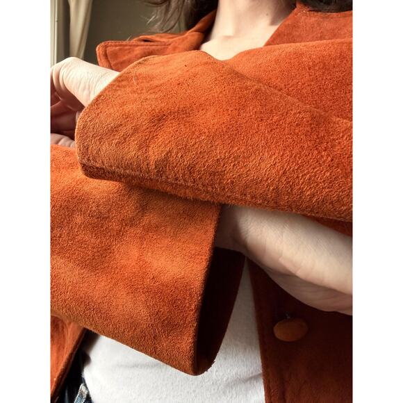 Vintage 70s Suede Trench Coat | Rust Orange Belted Maxi Jacket | Size M - Picture 11 of 13